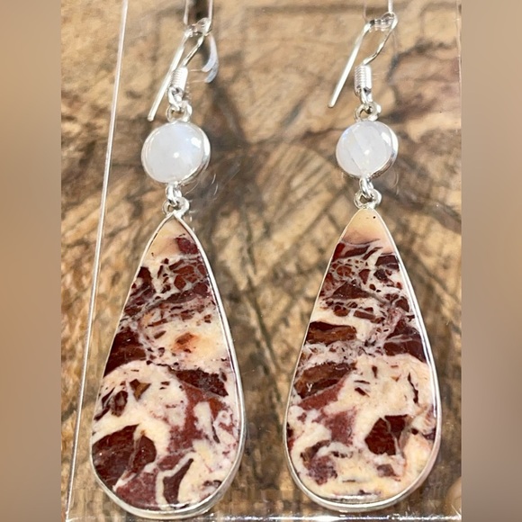 Coconut Jasper & Rainbow Moonstone Earrings 2 1/2” - Picture 1 of 14